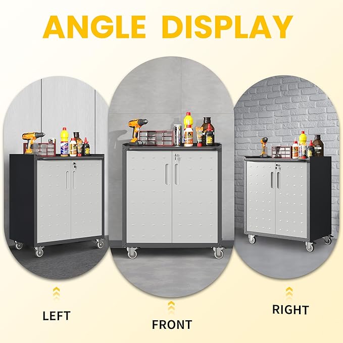 Garage Storage Cabinets with Wheels, Locking Metal Storage Cabinets with Doors and Adjustable Shelves, Easy Assembly Tool Cabinet for Garage, Basement,Warehouse