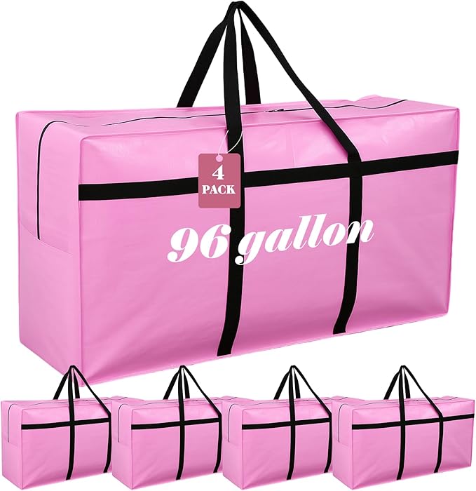 4 Pcs 96 Gallon Extra Large Moving Bags Heavy Duty Storage Bag with Strong Zipper Handle Foldable XXL Jumbo Storage Tote Packing Moving Box for College Dorm Travel Cloth Duffle (Pink)
