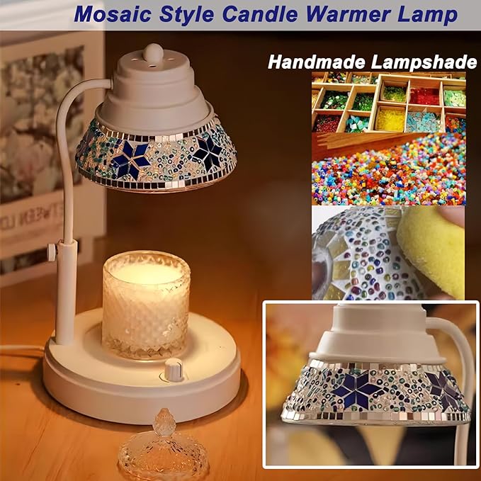Electric Candle Warmer Lamp with Colorful Diamond Lampshade, Metal Wax Melting Lattern with Timer and Dimmer, Adjustable Height Candle Melting Lamp Home Decor (White)