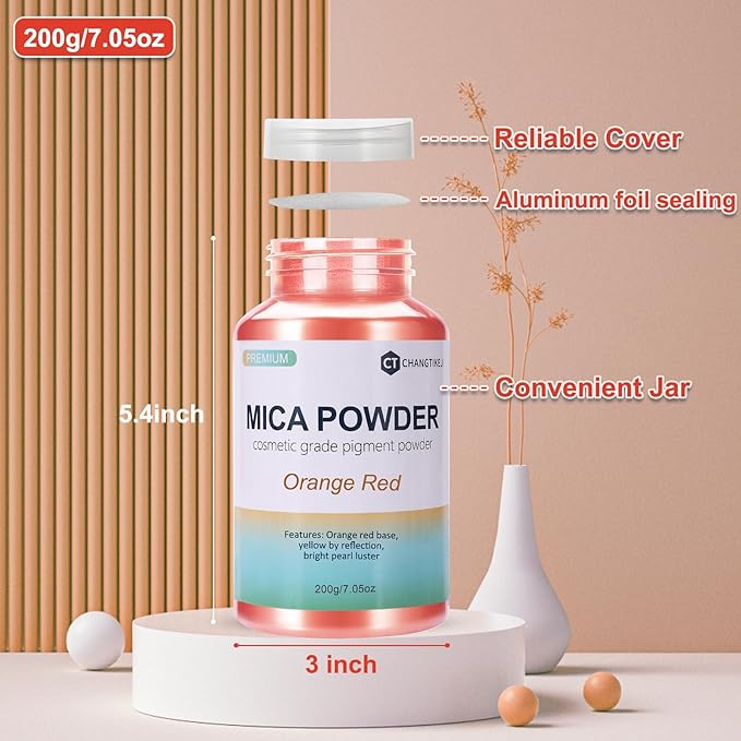 Mica Powder,7.05OZ（200g）,Orange Red Mica Powder Pigment for Epoxy Resin，Lip Gloss，Car Paint，Dye，Soap Making，Nail Polish,Epoxy Resin,Candle Making,Bath Bombs