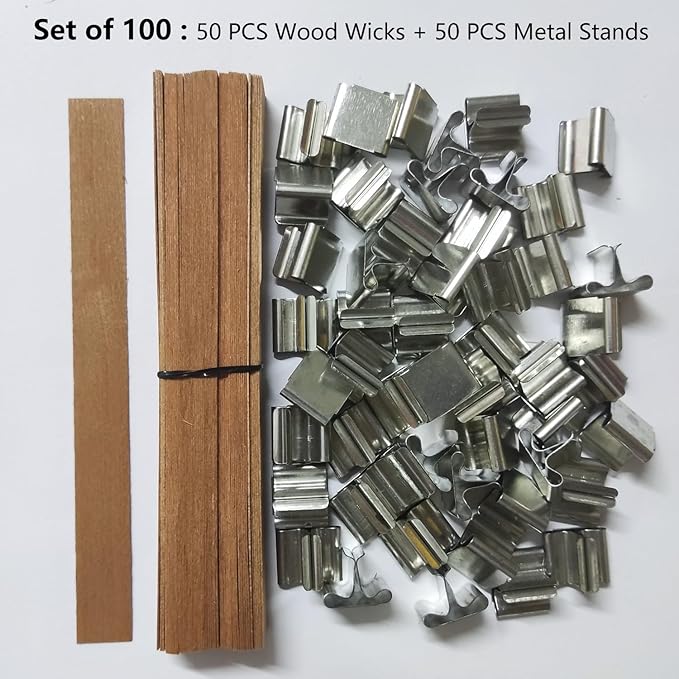 Wooden Candle Wicks with Metal Holders, 5.12in Crackling Wood Wicks 100 PCS Kit for Candle Making & Soy Wax, Natural Cherry Wood, for Jars Up to 2.75 in