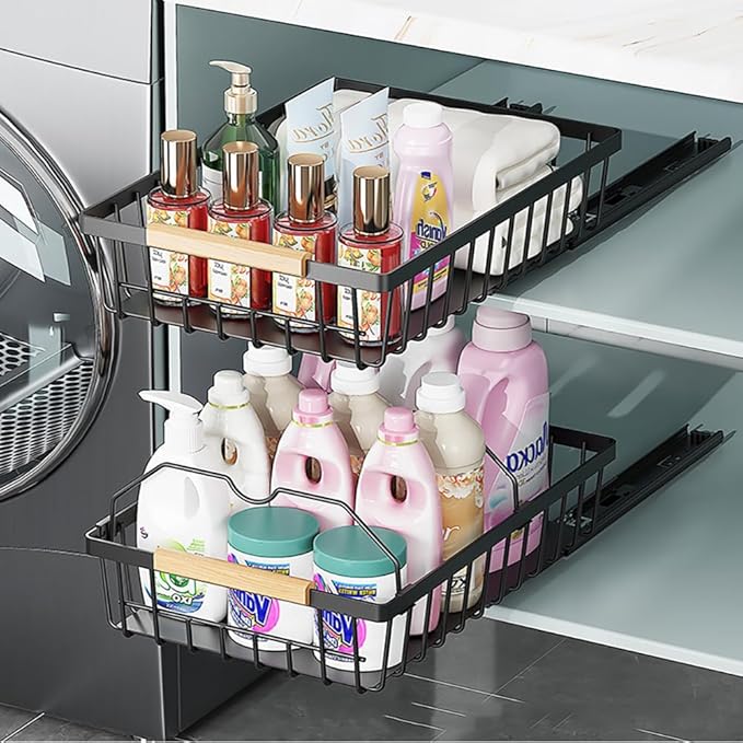 2 Pack No Drill Pull Out Cabinet Organizer, Premium Carbon Steel Slide-Out Drawer with strong nano adhesive, Under Cabinet Storage Shelf for Kitchen, Pantry, Bathroom, Black