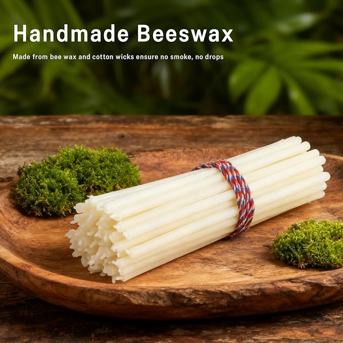 Pure Beeswax Candles, 7.3" Decorative Thin Taper Candles,Honey Scented, Dripless, Smokeless, 40min Burn Time for Birthday, Dinner, Prayer, Church, Hanukkah, Christmas (White, 100 pcs)