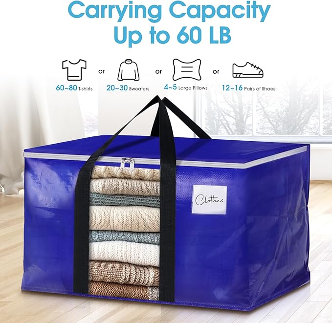 BlissTotes 2 Pack Moving Bags with Clear Window, Storage Bags with Strong Carrying Handles & Zippers,Large Packing Bags for Saving Space, Alternative to Moving Boxes(Blue,33 Gallon)