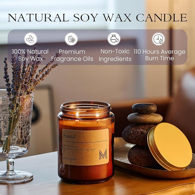 M&SENSE Santal Scented Christmas Candle Gift | 19.4oz, 115-Hour Burn | Natural Organic Soy Wax | Long-Lasting for Stress Relief and Gifting | for Christmas, Thanksgiving, Holiday