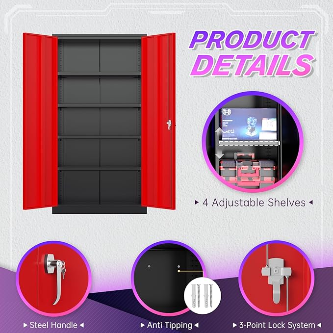 Superday Metal Storage Cabinets, 72" Storage Cabinet with Locking Door, Tall Garage Cabinet with 2 Doors and 4 Adjustable Shelves for Home Office, Classroom, Easy Assemble(Black Red)