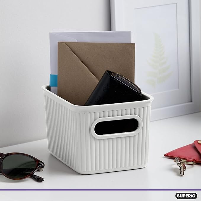 Superio Ribbed Collection - Decorative Plastic Basket Open Home Storage Bins Organizer, Small White (4 Pack) Container Boxes for Organizing Closet Storage Bins for Shelves Drawer Shelf 1.5 Liter