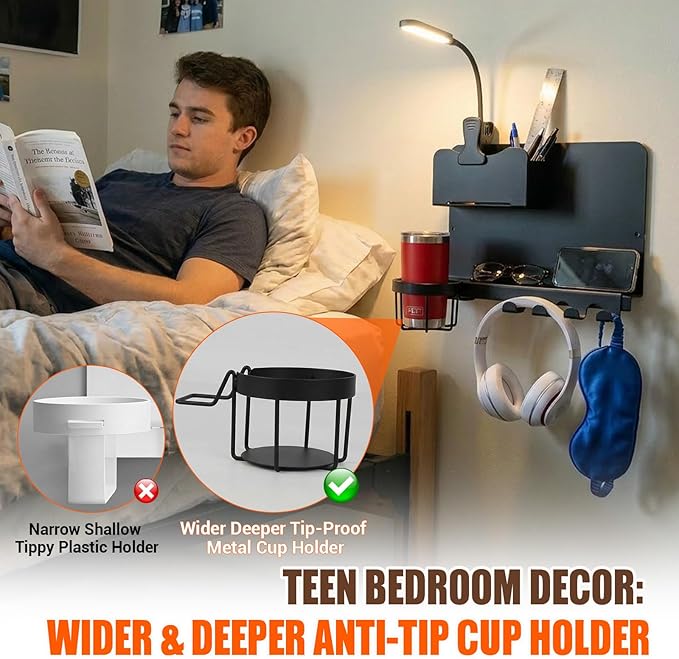 Floating Bedside Shelf & Bedside Wall Organizer, Metal with Detachable Cup Holder, No-Drill Wall Mounted Storage for Bedroom, Dorm, Teen Girls Room, Loft Bed, RV, Bunk Bed & Small Space Organization