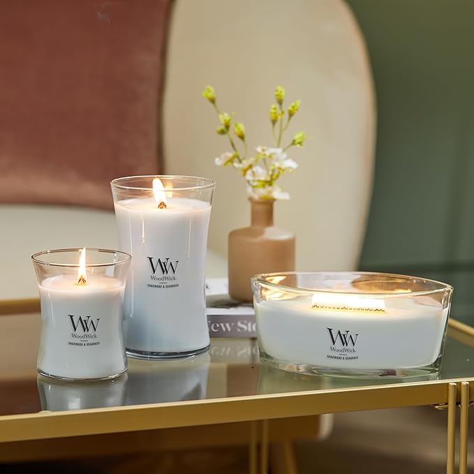 WoodWick Sagewood & Seagrass Gifts for Women and Men, 9.7 oz Medium Hourglass Candle with Crackling Wick