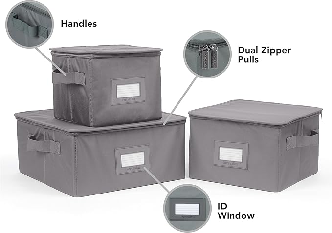 Covermates Dish Storage Box Set – China & Dinner Plate Storage Containers with Felt Dividers, Dual Zippers, Reinforced Handles, ID Window & Stackable Design, Graphite