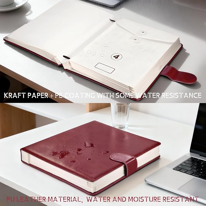 JOYCE Important Document Organizer, 14 Expandable Pockets, 13 Card Slots, for A4 Paper/Letterhead/Cards, with 2 Label Stickers, Suitable for Home, Office, School Use (Rose Red - Leather)