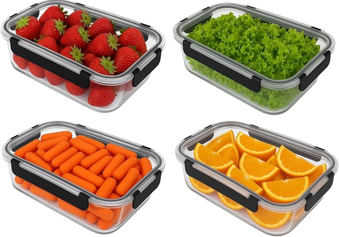 Glass Food Storage Containers Bowls with Airtight Snap Locking Lids for Meal Prep Leftovers Baking Lunch Boxes Dish (Black, 51oz Rectangle 4 Pack)