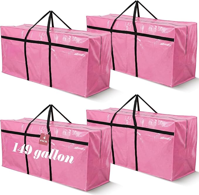 4 Pcs 149 Gallon Extra Large Moving Bags Heavy Duty Storage Bag with Strong Zipper Handle Foldable XXL Jumbo Storage Tote Packing Moving Box for College Dorm Travel Cloth Duffle (Pink)