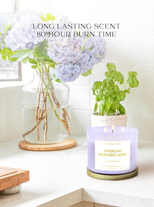 Large Sparkling Mandarin Berry Scented Candle for Home - 3 Wick Soy Candles 15.8oz, Fresh Citrus Aromatherapy Candle, Long Lasting Clean Burning, Uplifting Gift for Women & Men