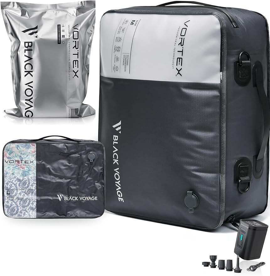 Black Voyage Reusable Vacuum Compression Travel Bag for Carry-On Suitcase and Backpack, Recycled IP67 Waterproof Space Saver Vacpack (1-Pack, 21L - Pump Included)