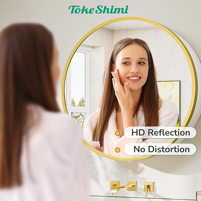 TokeShimi 24x24 Gold Round Medicine Cabinet with Mirror, Round White Medicine Cabinet with Detachable Shelves, Shatterproof, Surface Mount Only
