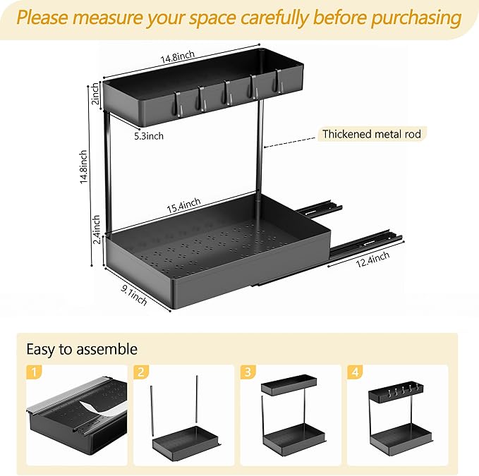 Creahaus 2 Pack Under Sink Organizer with Metal Slides, 2-Tier Kitchen Bathroom Organizers and Storage, Pull Out Cabinet Organizer for Bathroom Sink, Kitchen Sink Organizer