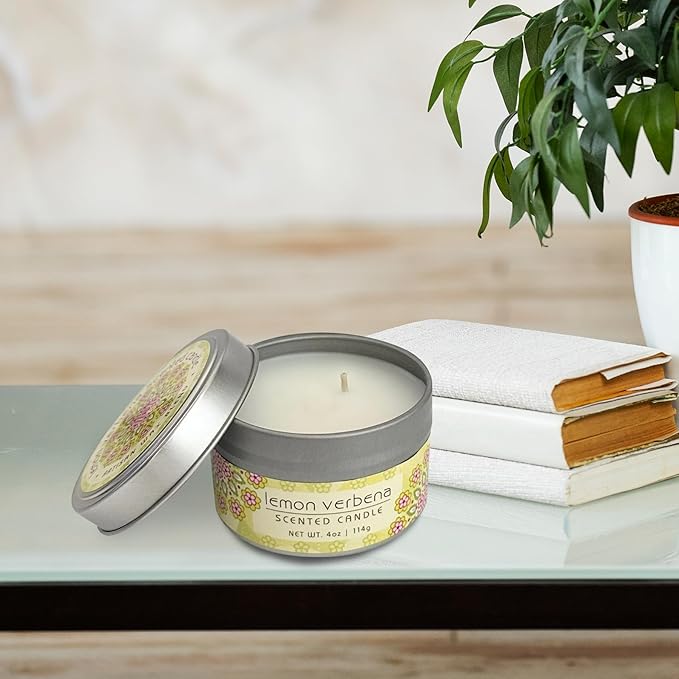 Greenwich Bay Hand-Poured Scented Candle in Decorative Tin – 4 oz/114 g Travel Candle with Lead-Free Wick, Vegetable Wax, Long-Burning Aromatherapy Gift, Single Wick – Made in USA (Lemon Verbena)