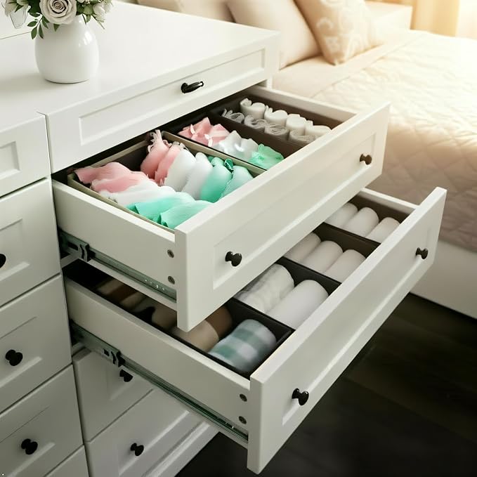 Sock Drawer Organizer 9 Pack - Collapsible Fabric Storage Bins for Underwear Divider, Small Closet Organizers with 9 Compartments, Khaki