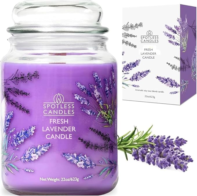 Fresh Lavender Candle 22oz Glass Jar with Wooden Wick in a Decorated Jar Within a Presentation Gift Box and Protective Shipping Box