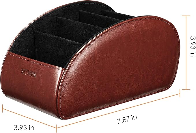 SITHON Remote Control Holder with 5 Compartments – [Upgrade Version] PU Leather Remote Caddy Desktop Organizer Store TV, DVD, Blu-Ray, Media Player, Smart Phones, Heater Controllers (Brown)