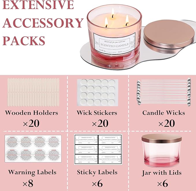 CONNOO 6 Pack 16 oz Candle Jars - 3 Wicks Pink Empty Glass Wide Mouth Candle Jars come with Metal Lids Sticky Warning Labels and a Candle Wick Kit for Candle Making- Dishwasher Safe