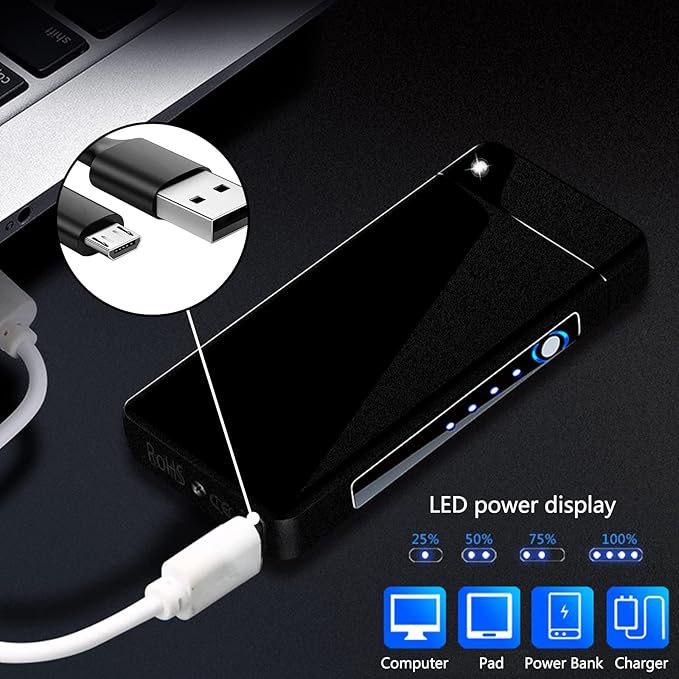 BABOBIU USB Lighter Rechargeable Lighters Windproof Lighters Metal Body Battery Display Arc Flame Push Button Type-C Fast Charging for Candles Outdoor Hiking Father's Day (Matte Black)