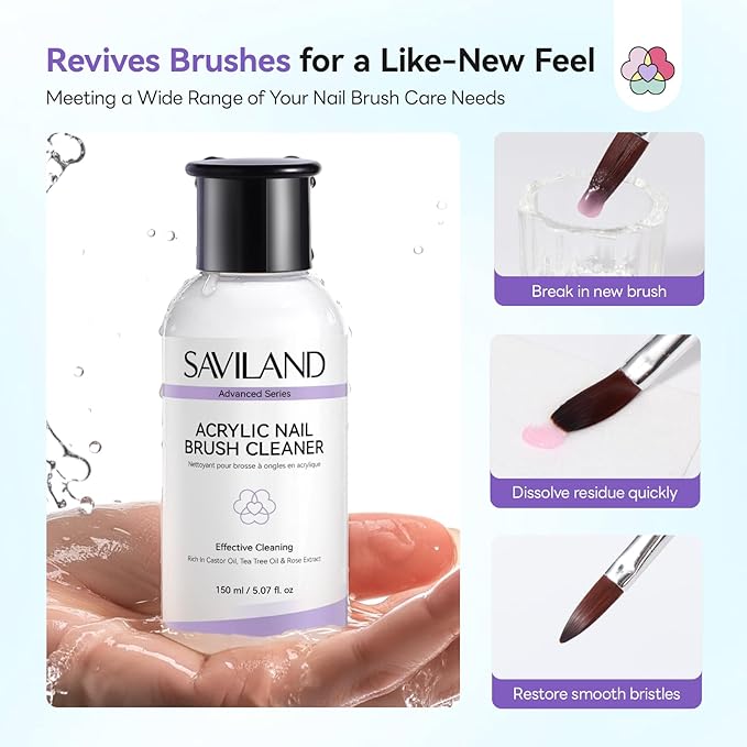 SAVILAND Acrylic Nail Brush Cleaner: 3-Minute Deep Clean & Conditioning Liquid, Plant-Based Cleaner Conditioner Preserver Restorer for Acrylic Nail Brushes, Home DIY & Salon Use, 5 OZ