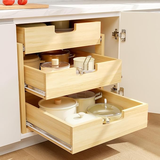 Pull Out Cabinet Organizer, 14''W×21''D Sliding Drawers for Cabinets, 3 Tier Soft Close Slide Out Wooden Pull out Drawers, Base Cabinet Organization for Kitchen, Pantry, Bathroom.