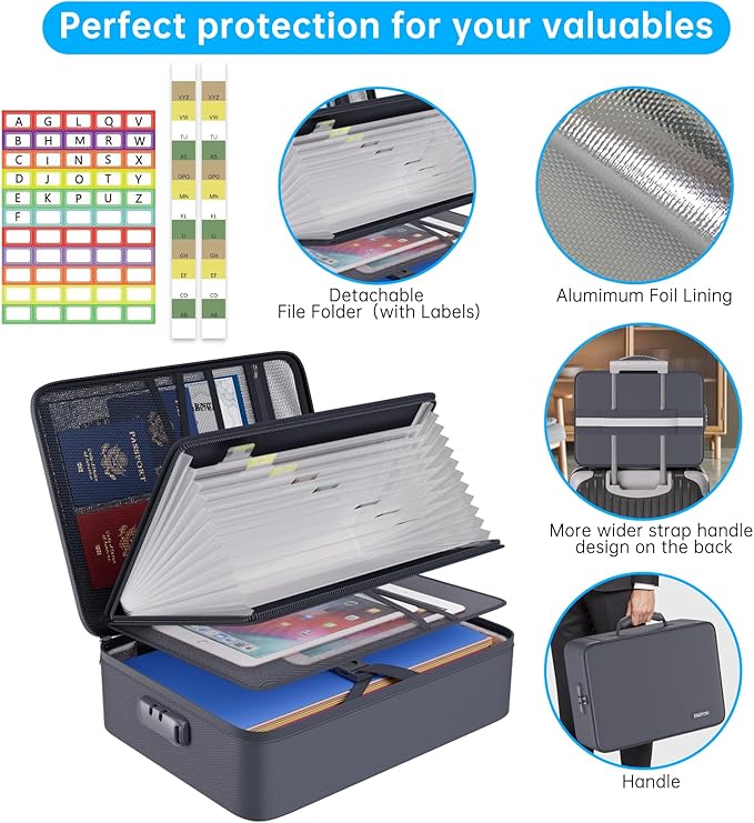 ENGPOW 5200℉ Fireproof File Organizer Bag with 13 Pocket Accordion File Folder,Document Organizer Box with Lock&Labels,Multi-Layer Portable Home Travel Safe Storage Box for Important Documents,Gray
