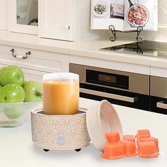 ASAWASA Candle Wax Melt Warmer with 1 pc Silicone Liner,Ceramic Wax Warmer,3-in-1 Candle Wax Melter and Fragrance Warmer for Warming(White Hexagon Pattern)
