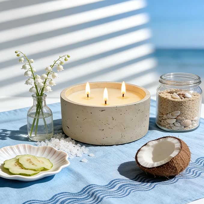 Scented Candle - Sea Salt & Bergamot & Coconut, 21 oz. 3 Wick Scented Candle Made with Coconut Oil and Soy Blend Wax | Acacia Wood Lid