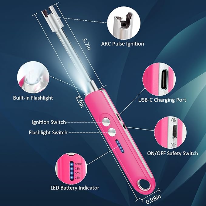 Lighters for Candle,Flameless Plasma Arc Electric Lighter USB C Rechargeable, Long Flexible Neck with Safety Switch for Birthday, Fireplace, Stocking Stuffers Gifts(Pink)