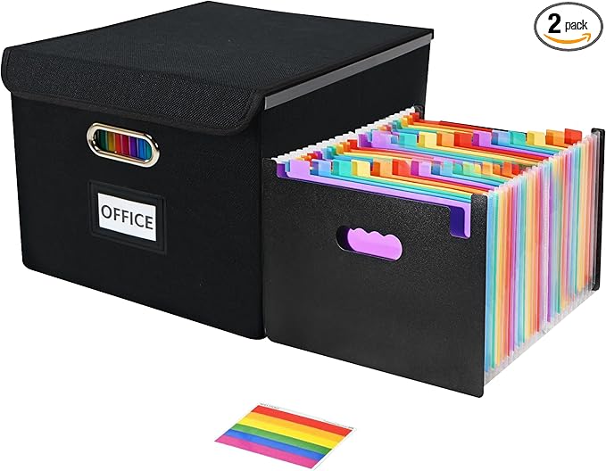 File Organizer Box with Folder, Accordion File Organizer 25 Pockets, File Folder Organizer with Lid for Home, Office, School, Black