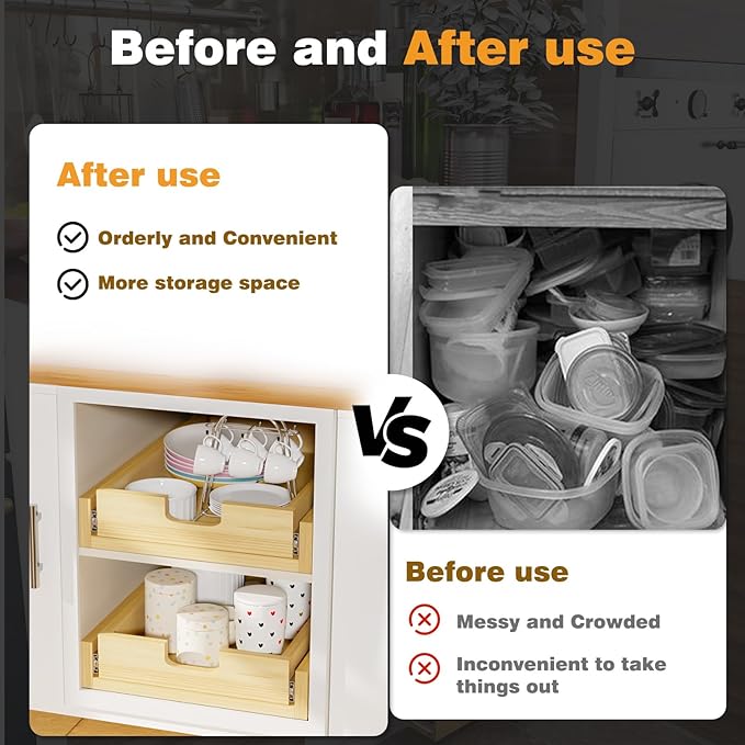 Pull Out Cabinet Organizer, 14''W×21''D Sliding Drawers for Cabinets, Soft Close Slide Out Wooden Pull out Drawers, Base Cabinet Organization for Kitchen, Pantry, Bathroom