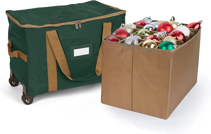 Covermates Keepsakes Rolling Adjustable Ornament Storage Bag – Heavy-Duty Polyester, FlexGrid Trays & Padded Dividers – Protective Holiday Organizer with Wheels, Handles & ID Window, Green