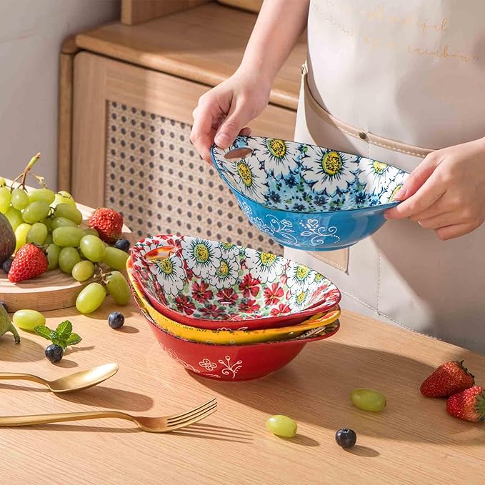 Henten Home Ceramic Salad Bowls Set, 19 oz Porcelain Soup Bowl Set of 4, Colorful Serving Bowls with Handle for Dinner, Pasta, Oatmeal, Bohemian Style, Microwave & Dishwasher Safe