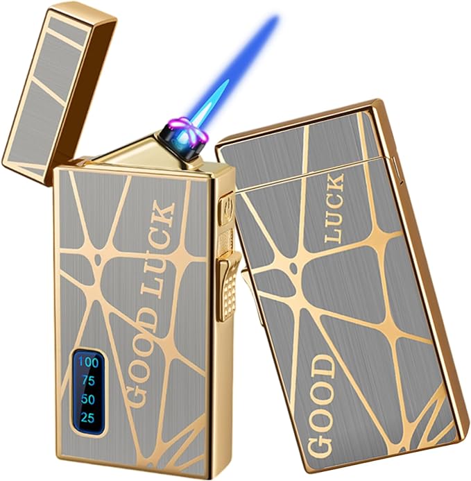 Torch Lighter, Dual Arc Lighter and Jet Flame Torch Lighter 2 in 1，USB Rechargeable Electric Lighter with Battery Indicator, Refillable Butane Windproof Infinity Lighter (Without Butane)-Good Luck