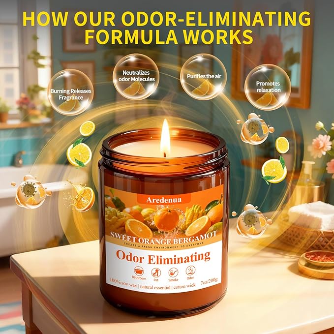 Sweet Orange Bergamot Odor Eliminating Candles | Eliminates 95% of Pet, Smoke & Bathroom Odors – 7oz Hand Poured Non-Toxic Soy Candle - Air Freshing Scented Candle Gifts for Positive & Relaxation