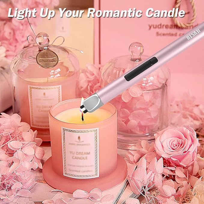 Candle Lighter, Electric Rechargeable USB Arc Windproof Flameless Plasma Lighter Long Stick with Rope and Ring, No Butane Fluid, Perfect for Candle BBQ Camping Kitchen Stove, Pink