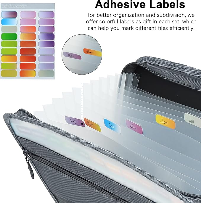 NAFY Expanding File Folders, 13 Pockets Document Organizer with Zipper, A4 Letter Size Portable Accordion Expanding File Folders with Multicolor Labels for Home Office School Supplies (Black 2 Pack)