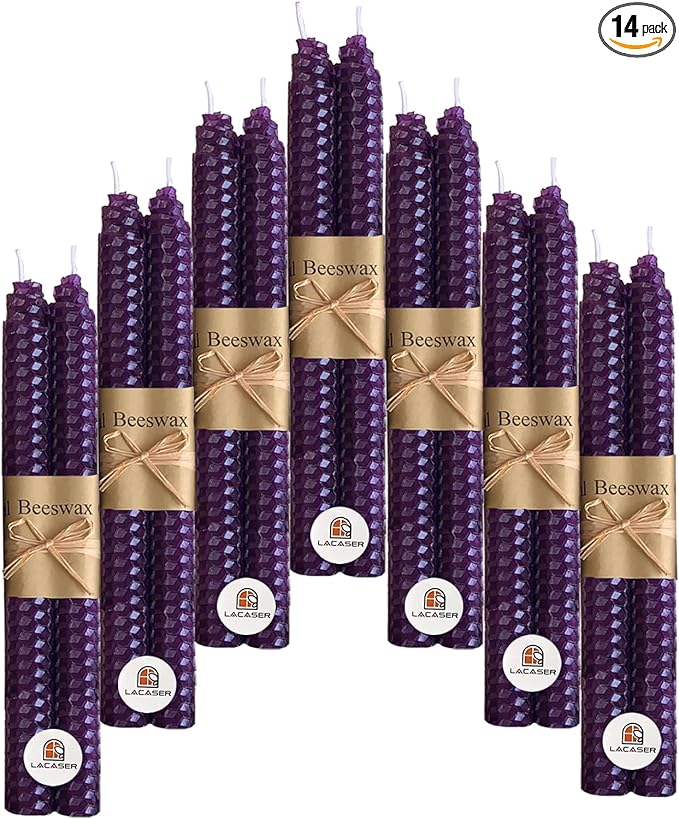 Lacaser Natural Beeswax Purple Taper Candles Bulk Set of 14 pcs, Unscented & Smokeless & Dripless Long Candlesticks 9 Inches Each, Gift Box Packed