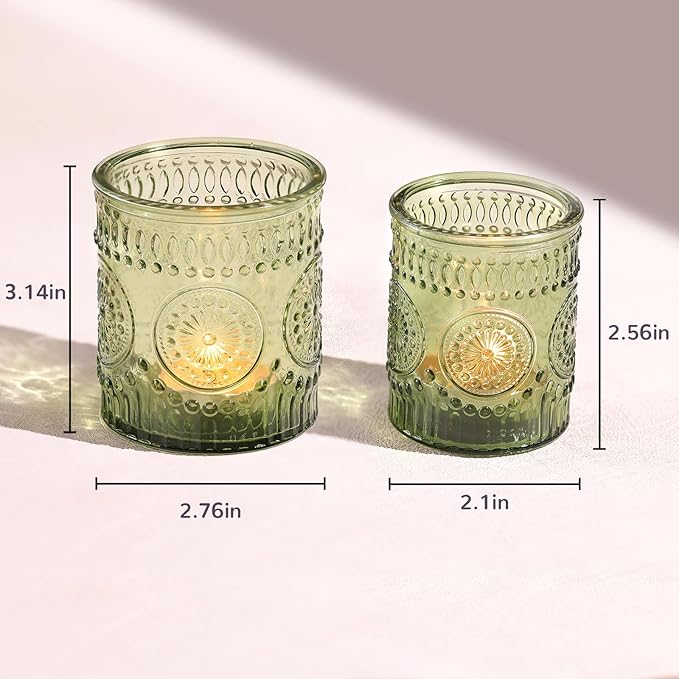 DEVI 8oz Empty Green Embossed Glass Candle Jars for Making Candles Set of 8, Bulk Empty Candle Containers, Glass Tins Making Supplies for Gifts, Wedding Decorations