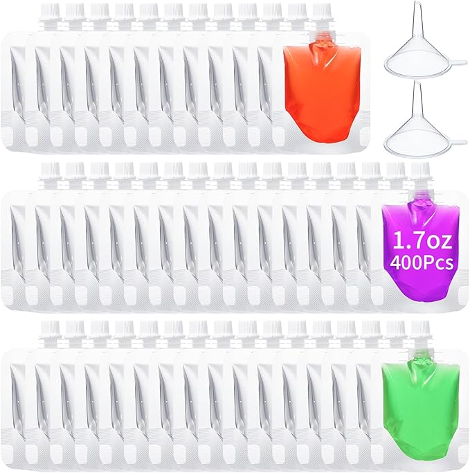 400 Pcs Plastic Pouches Bulk Clear Juice Bags Squeeze Pouches Plastic Leak Proof Bags with Funnel for Party Favors (1.7 oz)