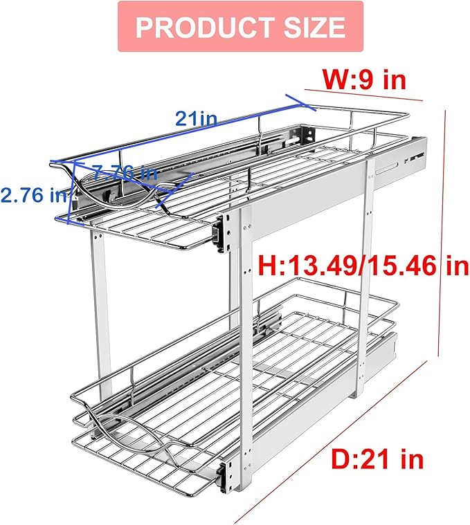 Sikarou Pull Out Cabinet Organizer 9" W x 21" D 2-Tier Individual Slide Out Drawer Pantry Shelf Storage for Kitchen Base Cabinet Organization for Kitchen, Bathroom, Pantry, Chrome