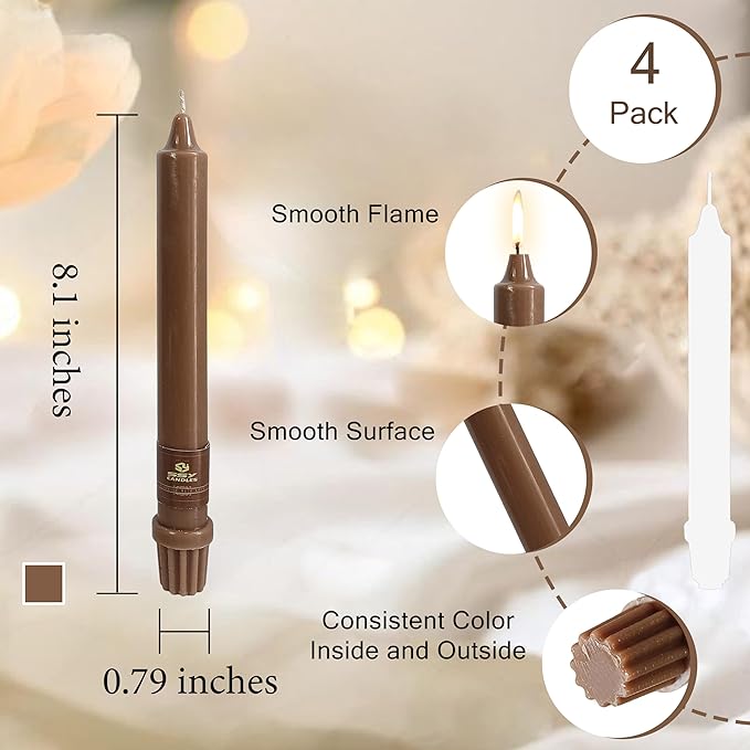 Brown Short Taper Candle 8 Inch Candlesticks Unscented Dripless Tapered Candle Set for Home Decor Wedding Party Dinner Candles, 4 Pack
