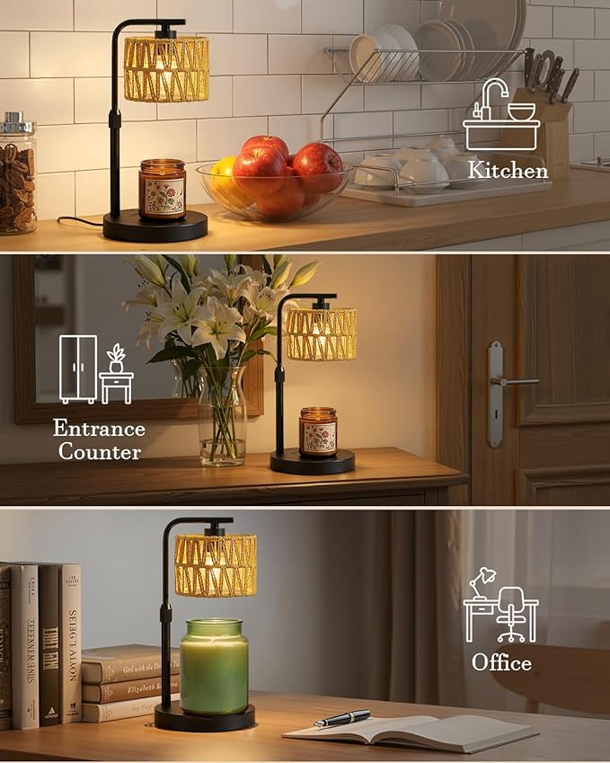 Candle Warmer Lamp, Timer Dimmable Candle Lamp, Adjustable Height and Brightness Candle Warmer, Boho Rattan Lampshade and 2 Bulbs, Suitable for Home Decor, Birthday Gifts for Women Mom (Black)