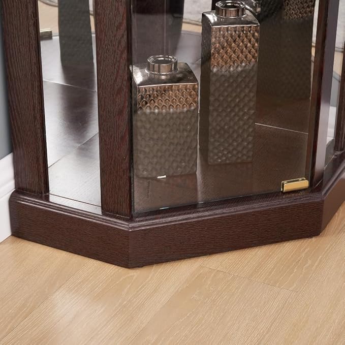 Corner Lighted Glass Curio Cabinet for Living Room Space Saving Vertical Tall Display Case with Light for Antique Wine Bar Glass Storage (Cherry)