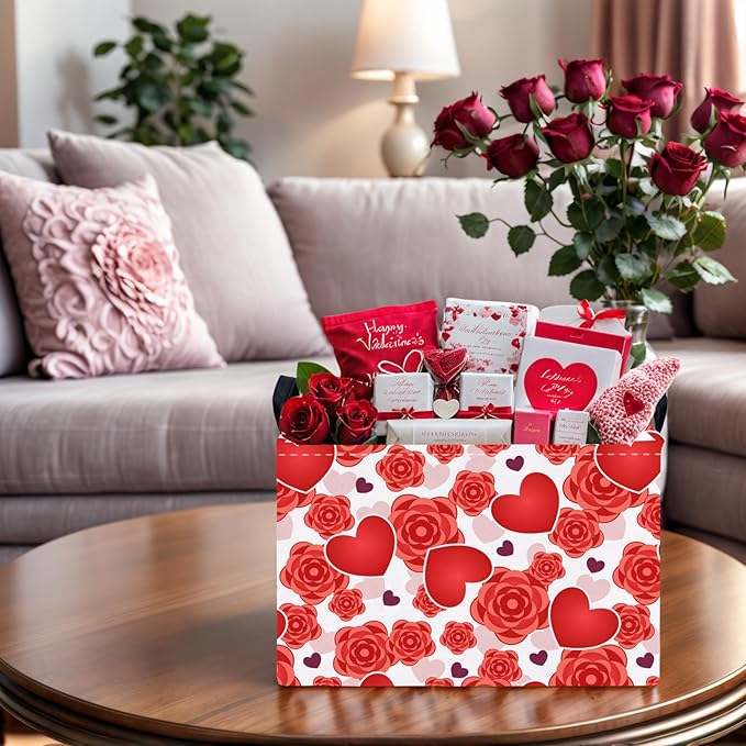 Valentine's Day Basket for Gifts Empty Cute Heart Large Gift Basket Decorative Storage Bin for Kid and Baby Room Décor (Red Love Rose)