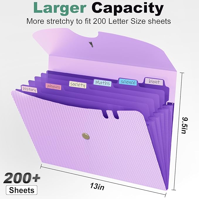 Sooez 7 Pocket Expanding File Folder, Premium Accordion Organizer with Labels, Letter Size Folders for Documents, Filing Bungee Closure, Portable School Office, Purple, SZA0104-0903A